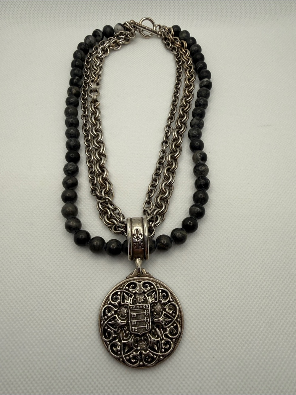 French Kande Sophie Necklace Silver K Medallion Multi-Strand Chains 16”